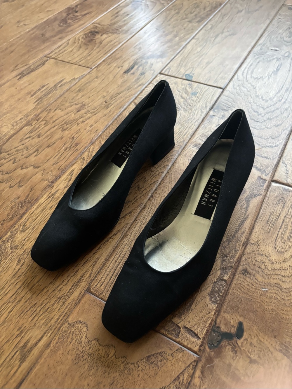 Stuart Weitzman Black Suede Low Block Heel Pumps